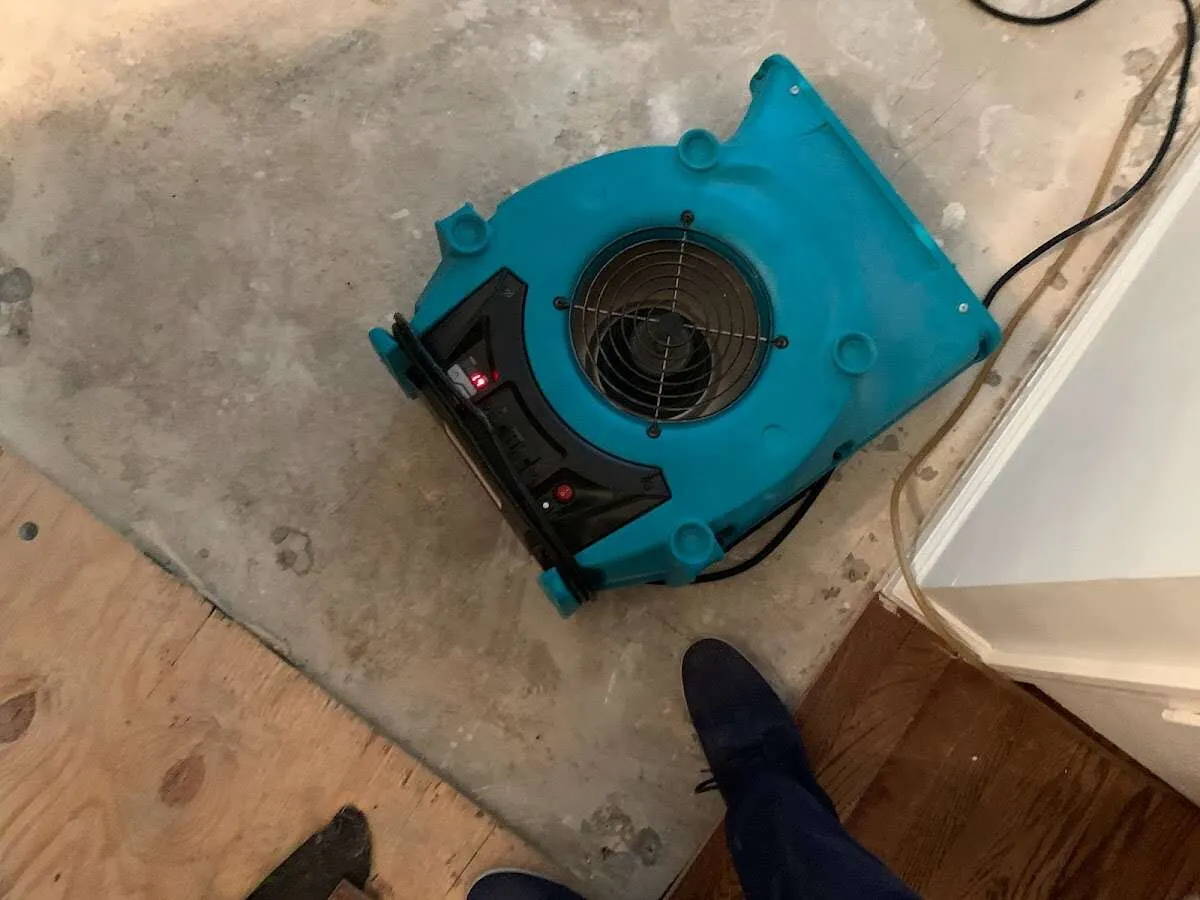 Air mover drying subfloor during Commercial Water Damage Restoration in Sparta
